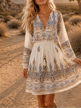 Private Label Cream Long Sleeve Boho Mini Dress with Blue and Tan embroidery